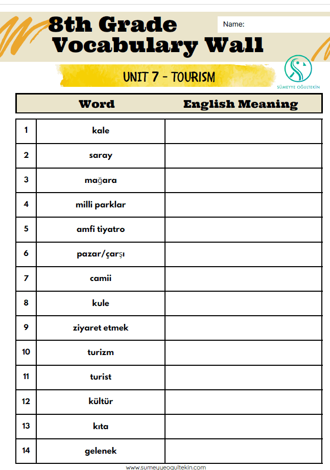 8.7 Tourism /Tur-Eng/ VOCABULARY Exercise